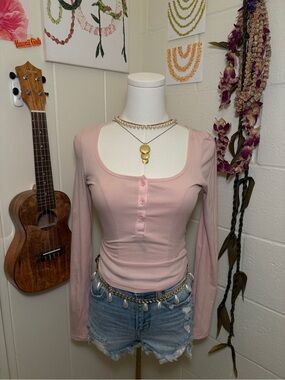 Women's Square Neck Ribbed Henley Top - Soft Pink